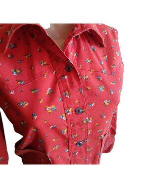 Vintage Red Floral Button-Up Shirt Handade 70s Long Sleeves Pointed Collar